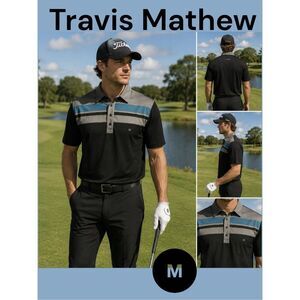 Travis Mathew Men's Striped Short Sleeve Golf Polo Shirt Black Gray Medium
